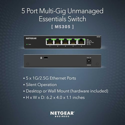 NETGEAR 5-Port 2.5G Multi-Gigabit Ethernet Unmanaged Network Switch (MS305) - 5 x 2.5Gbps Ports, Desktop or Wall Mount, Metal Case