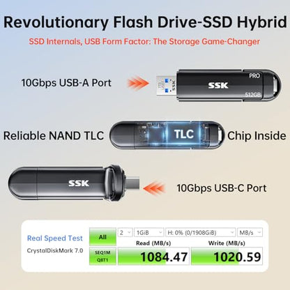 SSK 512GB SD311 PRO External Solid State Drive, USB 3.2 Gen 2, TLC NAND, 3.18 Inches, PCIE x 4