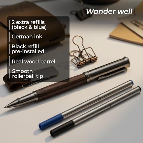 WANDERINGS A5 Travelers Notebook Bundle – 5.5" x 8.3" – Full-Grain Leather Journal with Pen Holder, Rollerball Pen, 3 Ink Refills, PVC Folder & Binder Clip