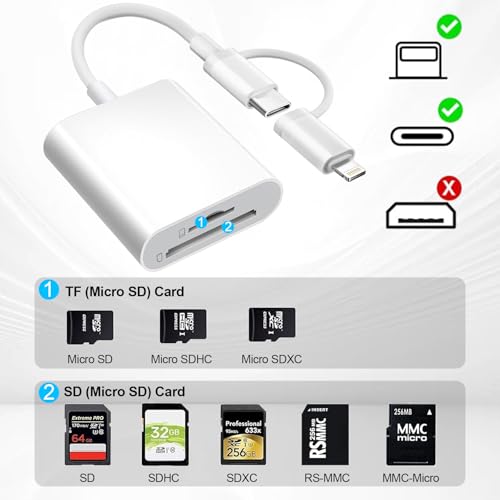 Denlane SD Card Reader Dual Connector Adapter for iPhone/iPad/Mac, USB C & Lightning, Plug & Play, Compatible with Various SD Formats