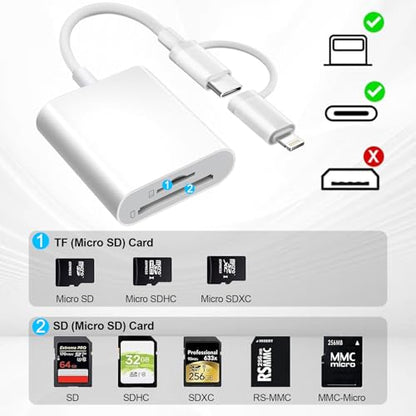 Denlane SD Card Reader Dual Connector Adapter for iPhone/iPad/Mac, USB C & Lightning, Plug & Play, Compatible with Various SD Formats