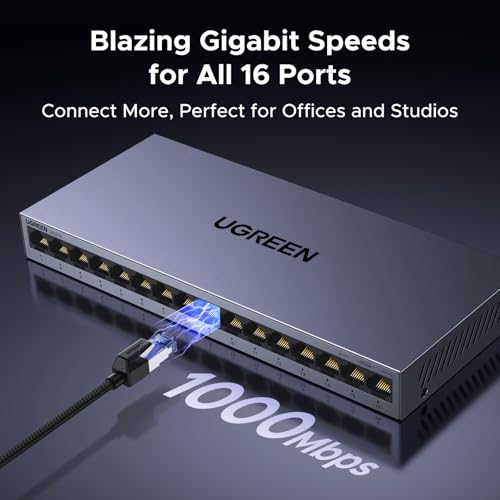 UGREEN 16-Port Ethernet Switch, Unmanaged Network Splitter, Self-Adjusting Ports, Metal Case, DC 12V Power Adapter