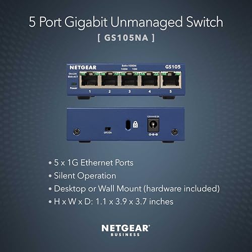 NETGEAR 5-Port Gigabit Ethernet Switch GS105NA - 5 Ports - Gray - Metal - Desktop/Wall Mount