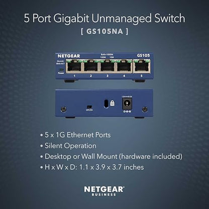 NETGEAR 5-Port Gigabit Ethernet Switch GS105NA - 5 Ports - Gray - Metal - Desktop/Wall Mount