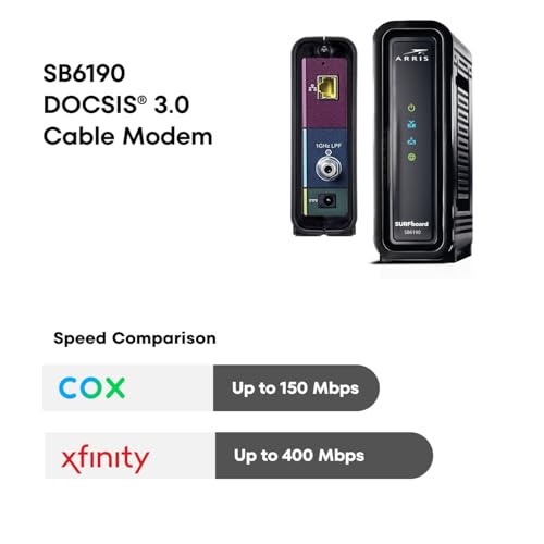 ARRIS 1 Port SB6190 DOCSIS 3.0 Black Cable Modem with 1400 Mbps Max Downstream Speed