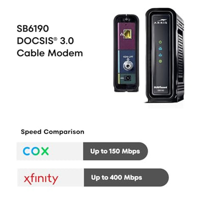 ARRIS 1 Port SB6190 DOCSIS 3.0 Black Cable Modem with 1400 Mbps Max Downstream Speed