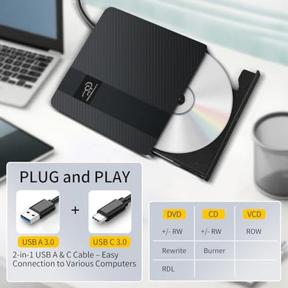 HKCMEMORY 5.51" x 5.59" Portable External Optical Drive PIXIU HX20 USB 3.0 Type A, Type C