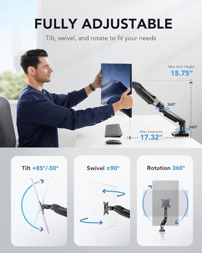 HUANUO 17-27 Inch HNSS6 Adjustable Monitor Arm - Tabletop Mount - 360° Rotation - 85° Tilt - Black Alloy Steel