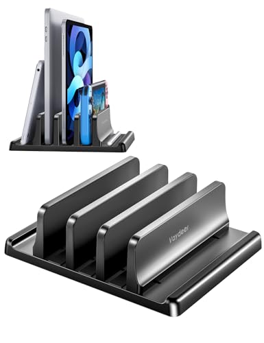 Vaydeer 3-Slot Vertical Laptop Stand Organizer, Adjustable Width, Tabletop Mounting, Rubber and Silicone Enclosure, Black, Model Xunli-0009