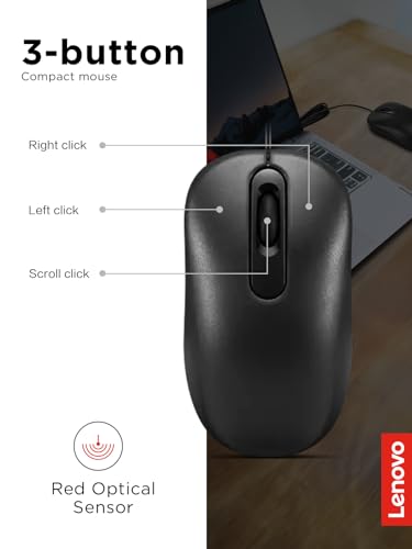 Lenovo USB Wired Optical Computer Mouse GY51K20071 Ambidextrous 1000DPI Black
