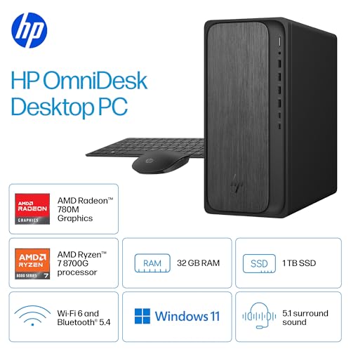 HP M02-0127c Desktop Computer PC, AMD Ryzen 7 8700G, 32GB DDR5 RAM, 1TB SSD, Radeon 780M Graphics, Wi-Fi 6