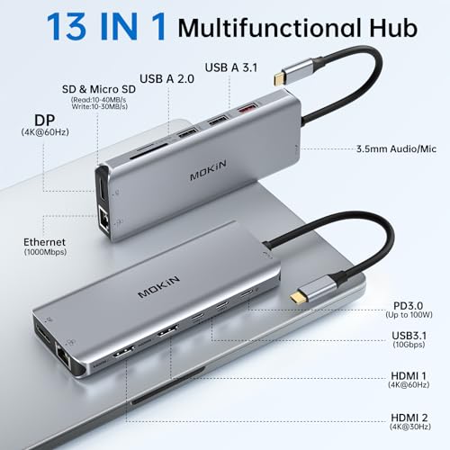 MOKiN 13 Port USB C Docking Station 4K DisplayPort Multi-Monitor Hub