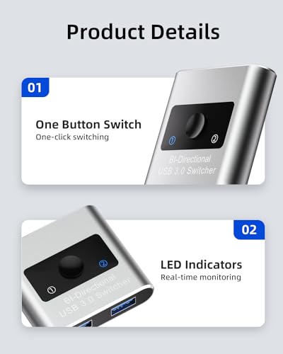 Jancane Aluminum USB 3.0 Switch U102-A 5Gbps Bi-Directional 2-1 Sharing Peripheral Device