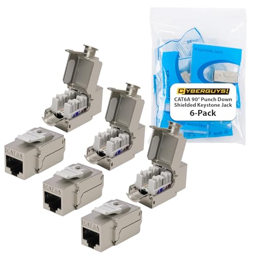 Cyberguys! 90° Shielded CAT 6A Keystone Jacks 6-Pack, Die-Cast Metal Housing, 10Gbps High-Speed, ULCertified