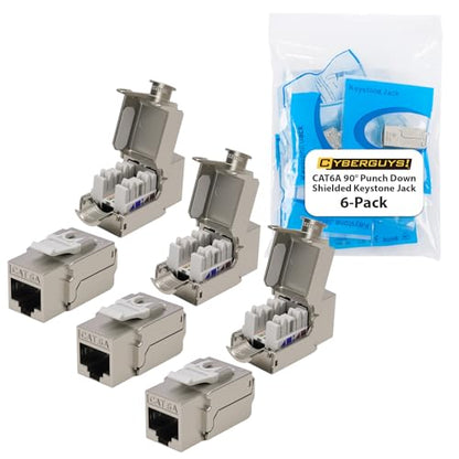 Cyberguys! 90° Shielded CAT 6A Keystone Jacks 6-Pack, Die-Cast Metal Housing, 10Gbps High-Speed, ULCertified