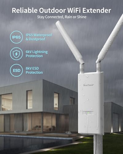 BrosTrend AC1200 Long-Range Outdoor WiFi Extender, Dual Band 5GHz + 2.4GHz, IP65 Waterproof, PoE Powered, 867 Mbps, 300 Mbps, Model AC1200 Outdoor WiFi Extender Booster
