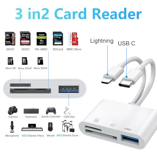 Aplimln SD Card Reader, 3 Slots, USB-A, Lightning & USB-C, Compatible with SD/SDHC/SDXC/microSD/microSDHC/microSDXC