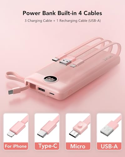 VRURC 10000mAh Portable Charger T1116 Slim Travel Power Bank with Built-in Cables, USB Type-C/USB-A/Micro for iPhone Cables