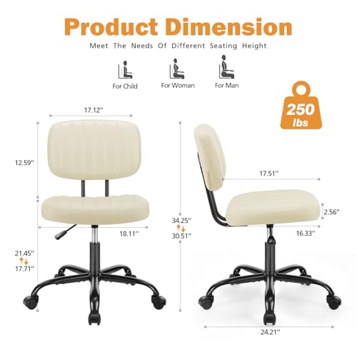 Sweetcrispy 193-WT-2H2 Beige PU Leather Armless Office Desk Chair - Adjustable Height, 250 lbs Maximum Weight Capacity, 360° Swivel