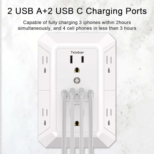 Teiobar Surge Protector 6 Outlets 4 USB Ports 125 Volts 15 Amps 1875 Watts White