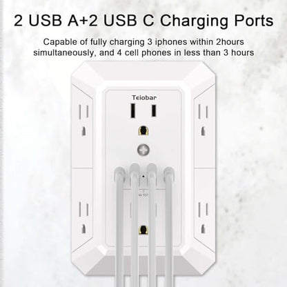 Teiobar Surge Protector 6 Outlets 4 USB Ports 125 Volts 15 Amps 1875 Watts White