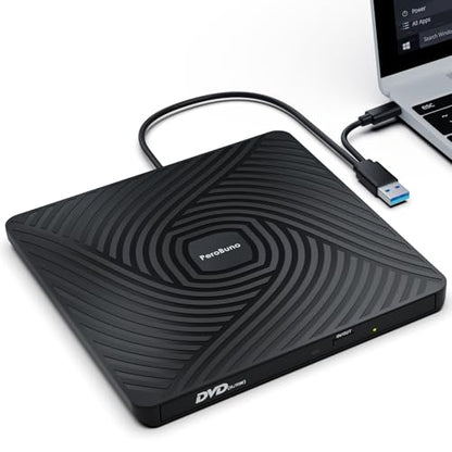 PeroBuno 0.5-Inch Ultra-Slim External CD/DVD Drive Model BT620 with USB 3.0 Type A and Type C Connectivity