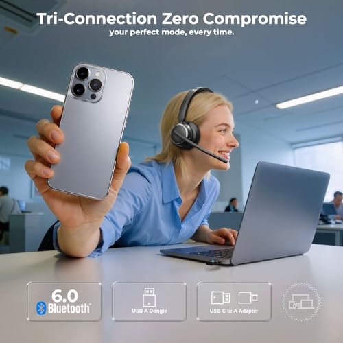 Waxop WX-HS003 Wireless Headset with Mic, Bluetooth 6.0, USB-A/C Dongle, 65-Hour Battery Life