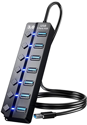 PANPEO USB 3.0 Hub 7-Port Splitter 3ft Cable for PC, PS4/5, Mobile HDD, Data Transfer Rate 5Gbps