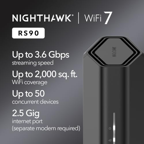 NETGEAR RS90 Dual-Band WiFi 7 Router - Covers up to 2000 sq. ft., 3600 Mbps - 4 Ports - App Control
