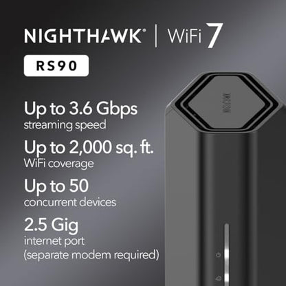 NETGEAR RS90 Dual-Band WiFi 7 Router - Covers up to 2000 sq. ft., 3600 Mbps - 4 Ports - App Control