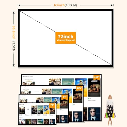 Taotique 72 inch Projector Screen 16:9 HD Portable Double-Sided Polyester Fabric
