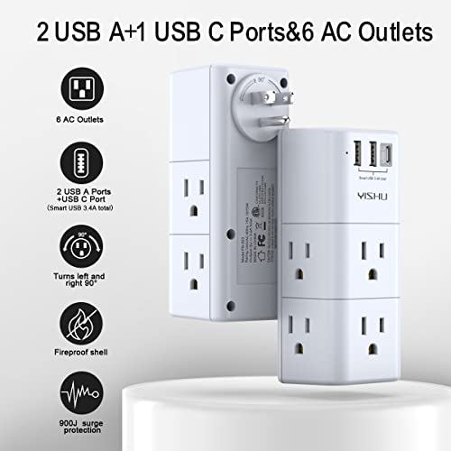 YISHU 5.2 x 2.03 Inch AHR-503 6 Outlet 3 USB Surge Protector