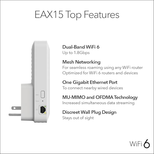 NETGEAR EAX15 AX1800 Mesh WiFi Range Extender 802.11ax Up to 1.8 Gbps Dual-Band