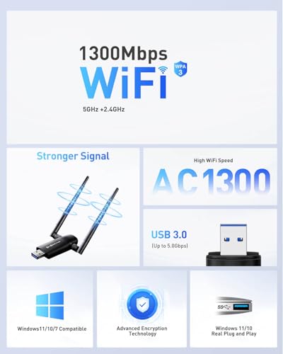 Nineplus Wireless USB WiFi Adapter 1300Mbps IEEE 802.11ac 2.6"L x 0.82"W x 0.39"H