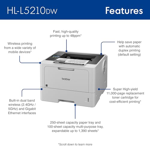 Brother HL-L5210DW Monochrome Laser Printer, 1200x1200 DPI, 48 ppm, Wireless, Duplex, 2 Trays, Ethernet and Wi-Fi Connectivity