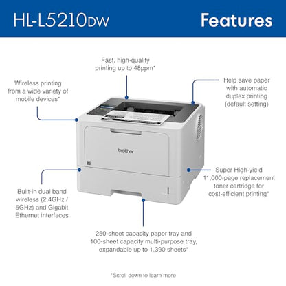 Brother HL-L5210DW Monochrome Laser Printer, 1200x1200 DPI, 48 ppm, Wireless, Duplex, 2 Trays, Ethernet and Wi-Fi Connectivity