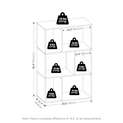 Furinno DALY 6-Cube Bookcase 24127WH Dimensions 11.73D x 23.62W x 36.85H