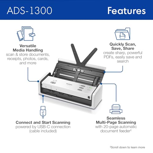 Brother 4" D x 11.3" W x 3.3" H ADS-1300 600 dpi Desktop Scanner