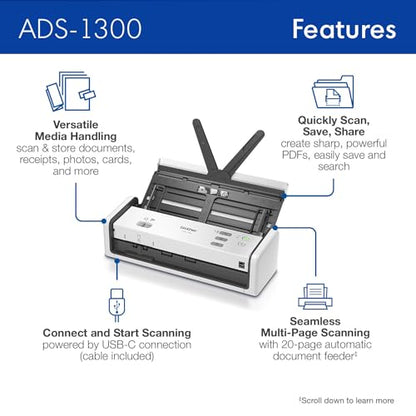 Brother 4" D x 11.3" W x 3.3" H ADS-1300 600 dpi Desktop Scanner