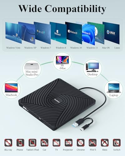 PeroBuno 0.5-Inch Ultra-Slim External CD/DVD Drive Model BT620 with USB 3.0 Type A and Type C Connectivity