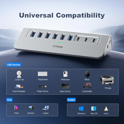 intpw 9 Port USB Hub USB 3.2 Fast Charging 10Gbps Powered Aluminum Model YH6AC