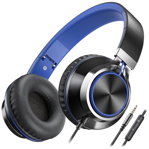 AILIHEN C8-003 Wired On-Ear Headphones with Microphone, Volume Control, 32 Ohm Impedance, 20Hz - 20KHz Frequency Response, Sound Isolation, 3.5mm Jack, Lightweight Design, Collapsible, Black Blue