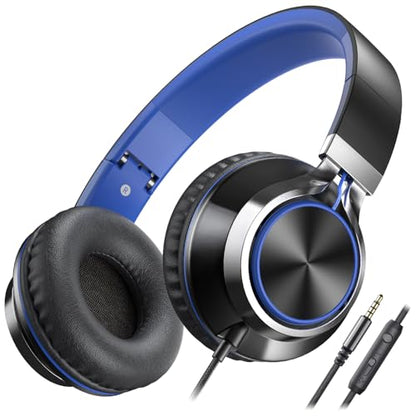 AILIHEN C8-003 Wired On-Ear Headphones with Microphone, Volume Control, 32 Ohm Impedance, 20Hz - 20KHz Frequency Response, Sound Isolation, 3.5mm Jack, Lightweight Design, Collapsible, Black Blue