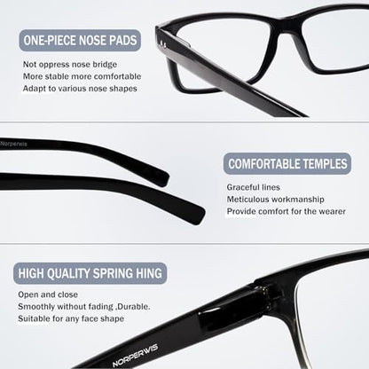 NORPERWIS 5 Pairs Reading Glasses 52mm Lens Width 18mm Bridge Width 140mm Arm Length Plastic Full Rim Rectangular