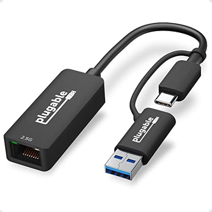 Plugable 2.5G USBC-E2500 USB-C to Ethernet Adapter – 2.5Gbps Dual-Connector Adapter Compatible with Thunderbolt 5 & 4, USB4, USB 3.0, Windows, Mac, ChromeOS, iPhone 15 & 16