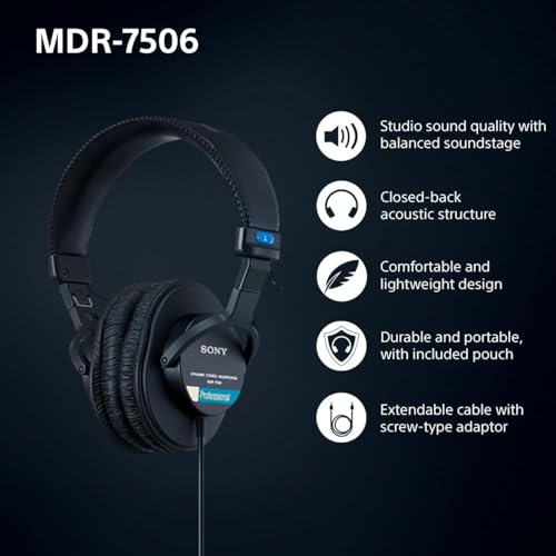 Sony 40mm MDR7506 Over-Ear Headphones 20Hz-20kHz Wired Studio Headphones