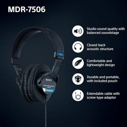 Sony 40mm MDR7506 Over-Ear Headphones 20Hz-20kHz Wired Studio Headphones