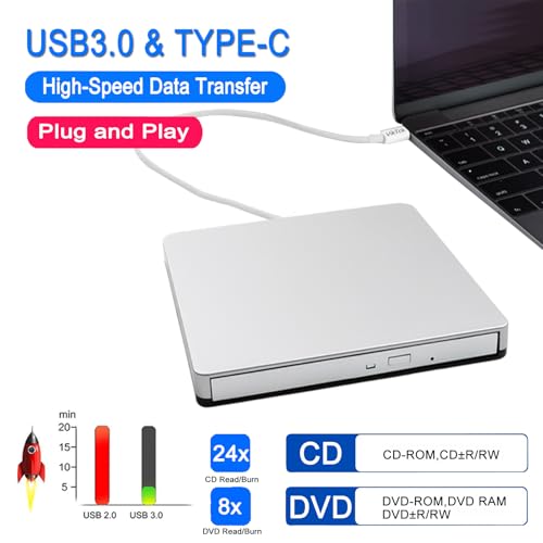 VikTck External USB 3.0 DVD CD Drive VT968, 5 Gbps Data Transfer Rate, USB-C, Optical Storage Burn Speed 24x, Read Speed 3.6 MB/s