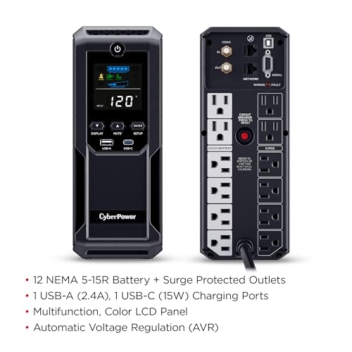 CyberPower CP1500AVRLCD3 1500VA/900W Mini Tower UPS with 12 Outlets and LCD Display