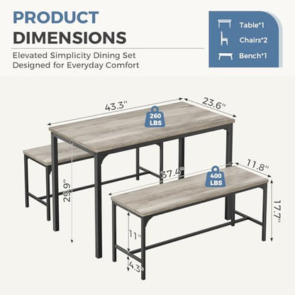 DUMOS 3PCS DUZYT Dining Table Set for 4 with Bench, Grey